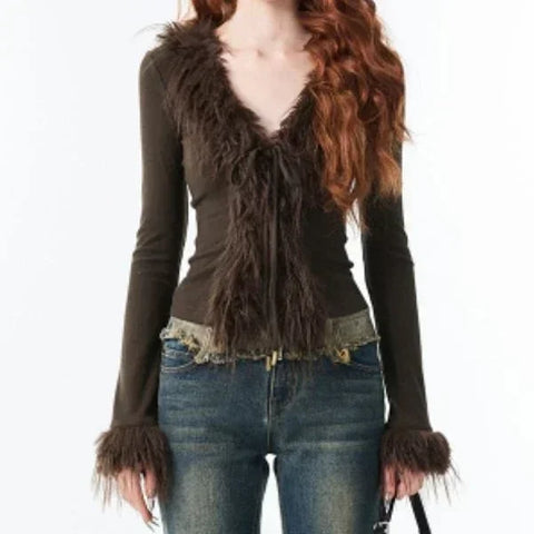 Y2k Aesthetic V-neck Jacket Korean Cardigan  Harajuku Vintage Bandage Fur Patchwork Coat Chic
