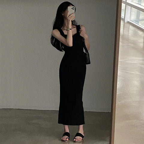 Basic Knit Long Dress Korean Square Collar Sleeveless Dresses Casual Y2k Vintage All-match Outftis