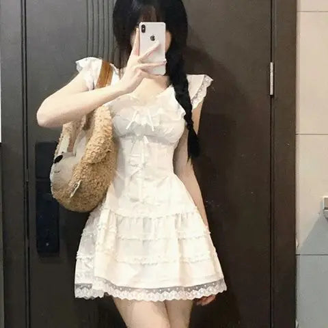 Voguable Y2k Coquette White Lolita Sweet White Kwaii Cute Mini Dress Lace Bow Princess Slip Lace Short Dresses Fashion