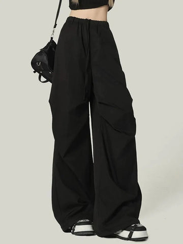 Black Y2K Streetwear Cargo Pant Vintage High Waist American Loose Trousers Hip Hop Retro Bf Wrinkles Paratrooper Pants New
