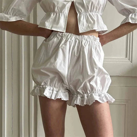 White Bloomers Ruffle Hem Bottoms Solid Color Elastic High Waist Panties Coquette Clothing y2k Victorian Shorts