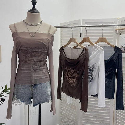 Slash Neck Mesh Sunscreen T Shirt Y2K Streetwear Print Long Sleeve Patchwork Camis Suit Folds Slim All Match Tees