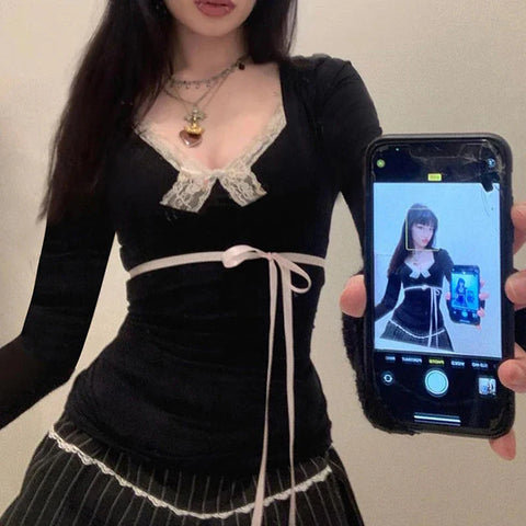 Contrast Lace Bow Cropped Top Sweet Coquette Square Collar T Shirts Black Casual Full Sleeve Tee y2k Aesthetic Lady