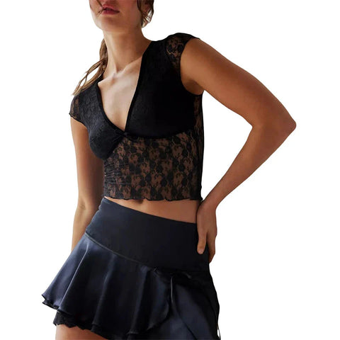 Sheer Crop Top 2000s See Through V Neck Sleeveless Floral Lace Tanks Slim Fit Vest y2k Aesthetic Clothing