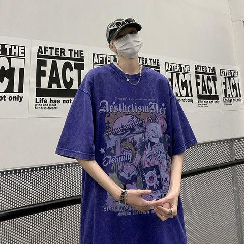 High Street  American Short Sleeve T-shirt Graffiti Loose Washed Trend Y2k Casual Top Tshirt Streetwear Cotton Tees