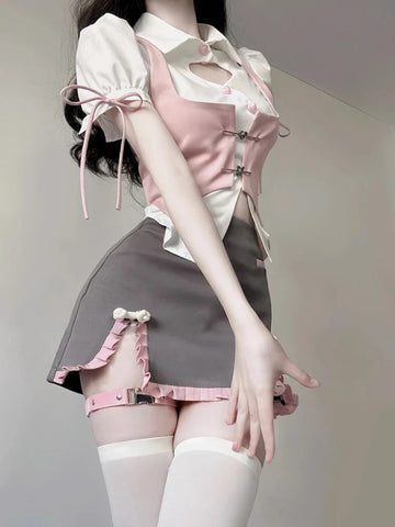 Voguable  Y2k 3 Piece Sets Woman Casual Solid Shirt Slim Pink Vest High Waist Mini Skirt Sweet Japanese Suit Girl Chic