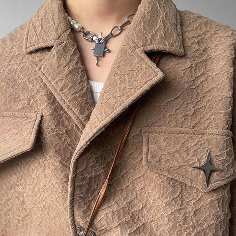 Harajuku Loose Metal Decorated Y2k Short Jacket Winter Genderless Retro Casual Trendy Street Texture Jacket Unisex