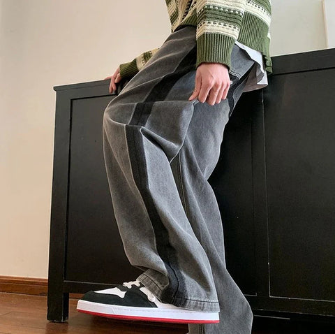 Voguable  Man Cowboy Pants Straight Vintage Jeans Patchwork Trousers Wide Leg with Pockets Original Casual Japanese Street Style Y2k