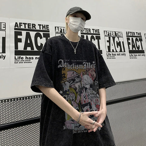 High Street  American Short Sleeve T-shirt Graffiti Loose Washed Trend Y2k Casual Top Tshirt Streetwear Cotton Tees