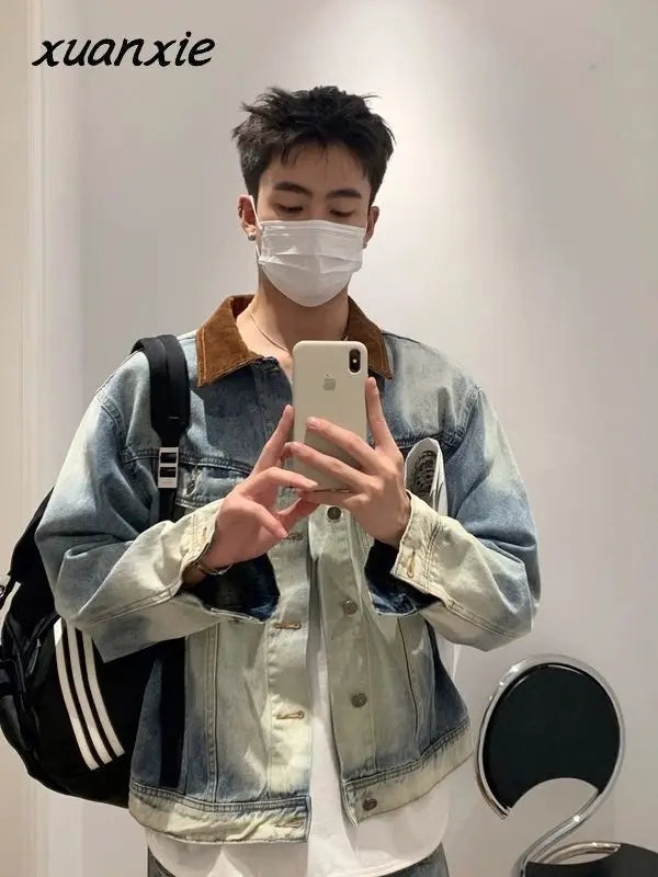 and Style Distressed Denim Jacket Korean Style Premium Contrast Color Casual Lapel Clothing Y2k