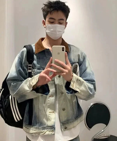 and Style Distressed Denim Jacket Korean Style Premium Contrast Color Casual Lapel Clothing Y2k