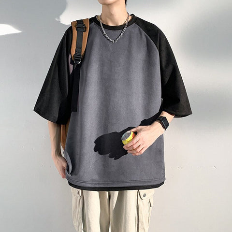 Baggy Short Sleeved Suede T-shirt  Versatile Color Matching Casual Tshirt Tops Trend Y2k Tees