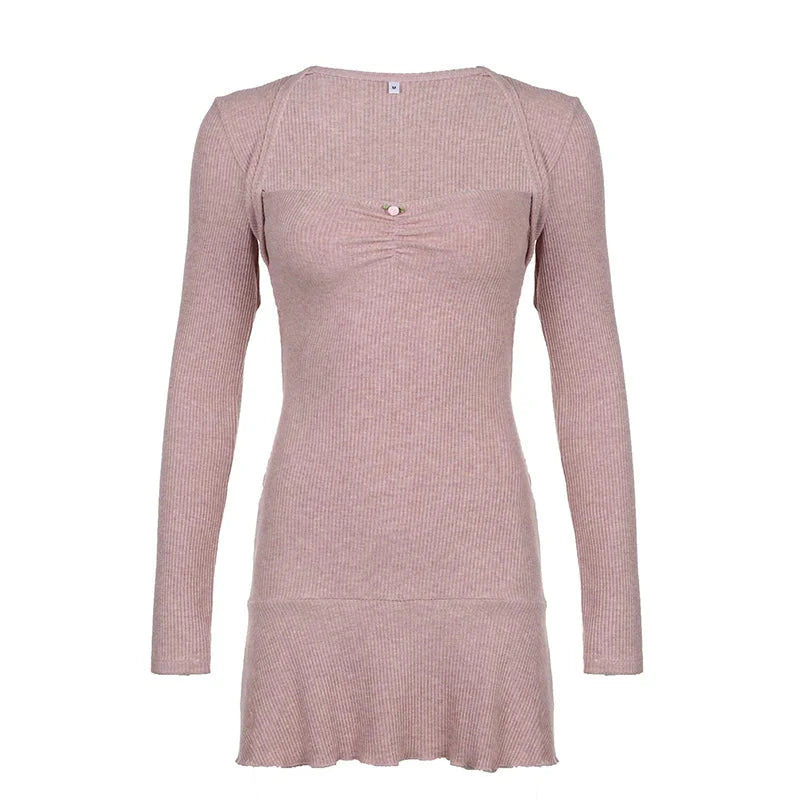 Cute Coquette Pink A-line Mini Dress Fairycore Sweet Full Sleeve Square Collar Short Dresses for y2k