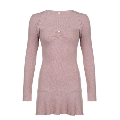 Cute Coquette Pink A-line Mini Dress Fairycore Sweet Full Sleeve Square Collar Short Dresses for y2k