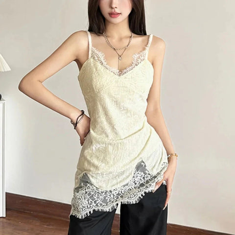 Lace Patchwork V-Neck Camis Y2K Spaghetti Straps Sleeveless Tank Korean Irregular FeVest