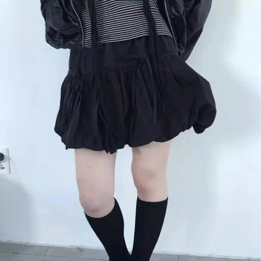 Y2k Bubble Mini Skirt Elastic Waist Ruffle Flare Puffy Skirt High Rise Cute Pleated Lace-up Bow Tie Lantern Short Skirt