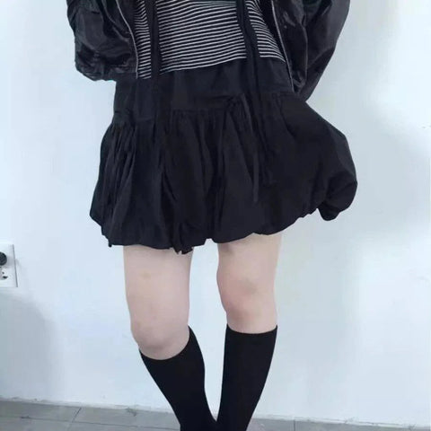 Y2k Bubble Mini Skirt Elastic Waist Ruffle Flare Puffy Skirt High Rise Cute Pleated Lace-up Bow Tie Lantern Short Skirt