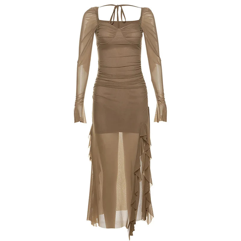 Y2k Gentle Temperament Ruffled Square Collar Slit Dress FeCross-Border Solid Color Long Sleeve Strap Wrapped Hip Long Dress