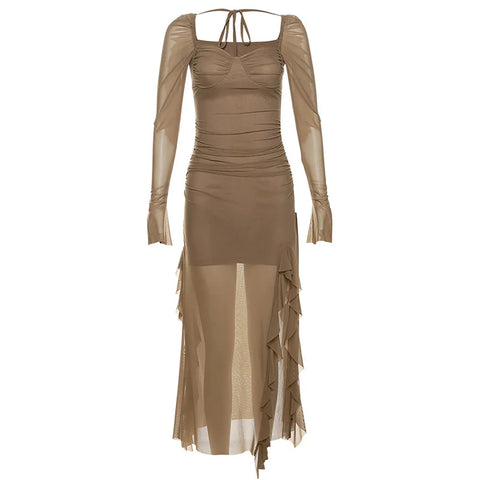 Y2k Gentle Temperament Ruffled Square Collar Slit Dress FeCross-Border Solid Color Long Sleeve Strap Wrapped Hip Long Dress