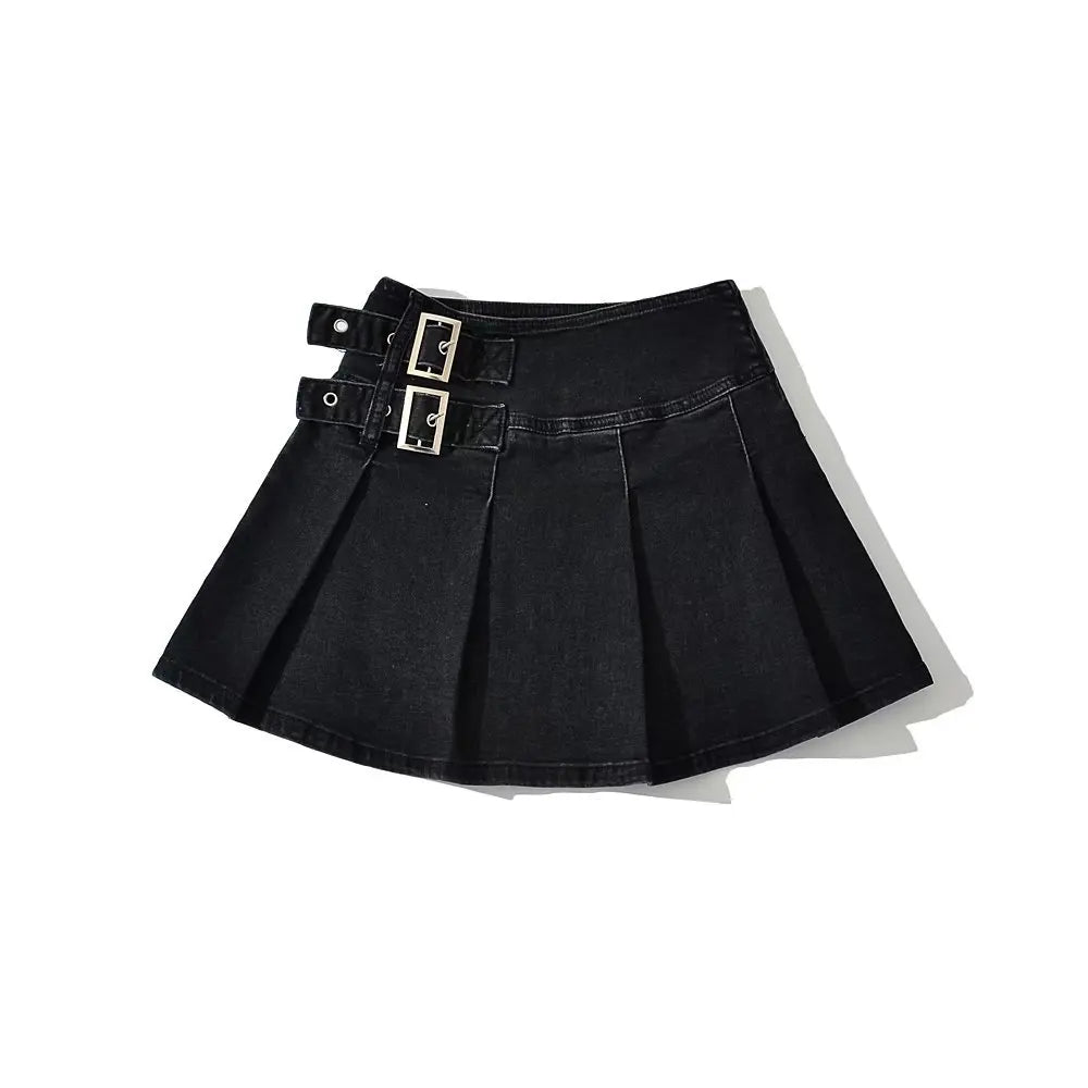 Denim Y2k Skirt with Pleats and Belt 90s E-girl Korean Skirts For High Street Jeans Short Bottom