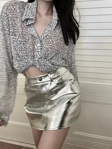 Pink Silver Reflective Shiny Patent Leather Mini Skirts for High Waist A Line Short Y2K Clothes