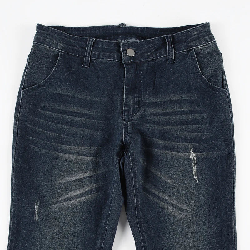 Blue Low Rise Flare Jeans Vintage 2000s Slim-fitting Denim Pants Korean Style Trousers y2k Distressed Mom Jeans 90s