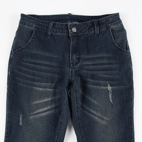 Blue Low Rise Flare Jeans Vintage 2000s Slim-fitting Denim Pants Korean Style Trousers y2k Distressed Mom Jeans 90s