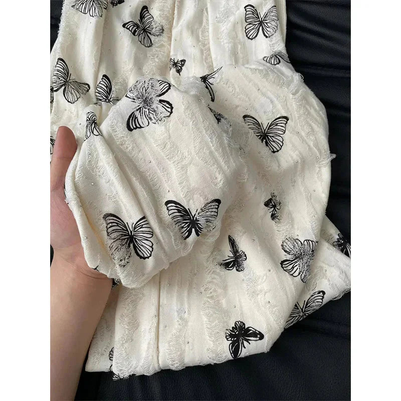 High Waist Wide Leg Pants Loose Butterfly Print FeCasual Pants Y2K Korean Drawstring Floor Length Trousers