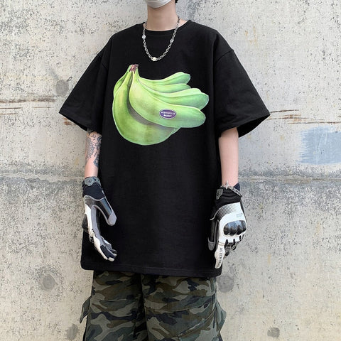 Banana Print Korean Chic Y2k Short Sleeve T-shirt Couples Large Loose Casual Tops All-match Slim Fit Tees