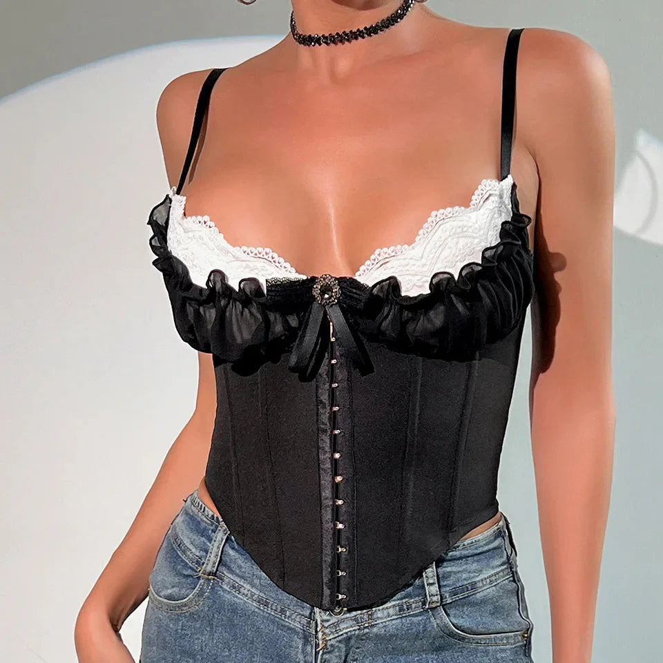 V Neck Y2K Crop Tops Lace Patchwork Pleated Bowknot Corset Top  Backless Slim Camisole Body Shape Fishbone Bustier