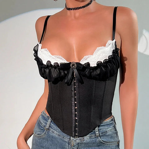 V Neck Y2K Crop Tops Lace Patchwork Pleated Bowknot Corset Top  Backless Slim Camisole Body Shape Fishbone Bustier