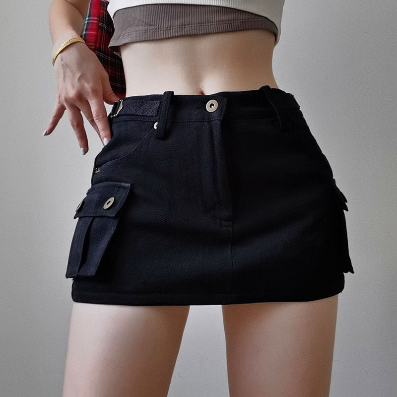 Low Waist Mini Skirt Y2K Aesthetic 2000s Vintage A-line Wild Pockets Ultrashort Clubwear Cargo Skirts with Shorts