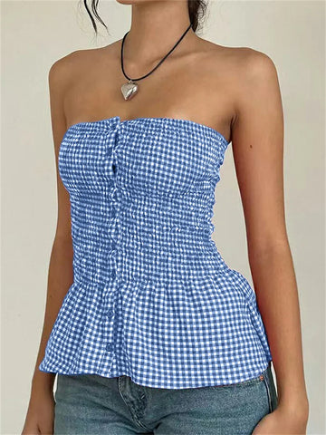 Y2k Red Gingham Crop Top Womean Strapless Ruffle Hem Sleeveless Button Cami Coquette Aesthetic Plaid Print Crop Top Summer