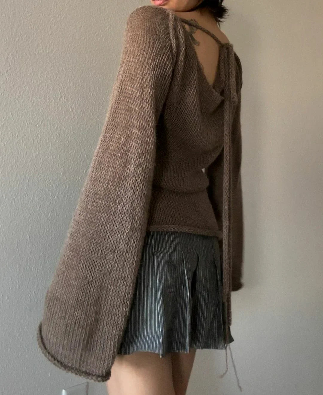 T-shirt Tie Back Sweaters Long Sleeve Boat Neck Solid Color Knit Pullover Casual Tops Streetwear Y2k Cami