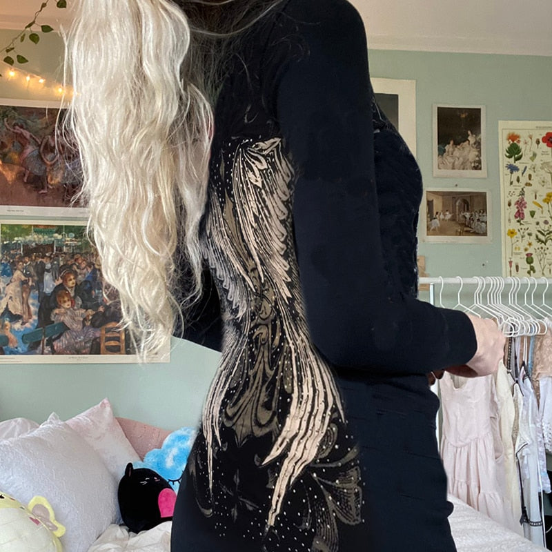 Harajuku Angel Wing Printing Sweatshirts Dress Gothic Black Mini Hoodies Dress Y2K Sweatshirts Dress Long Sleeve Hooded Dresses