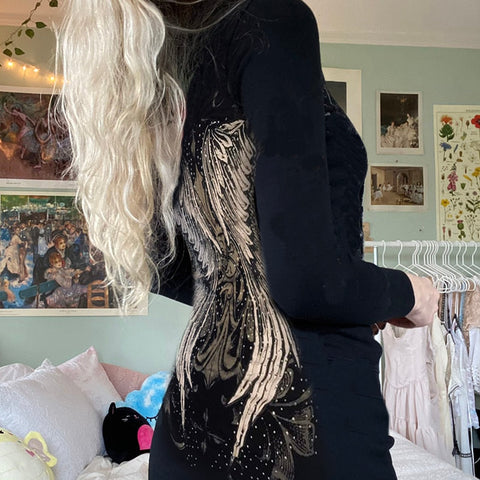 Harajuku Angel Wing Printing Sweatshirts Dress Gothic Black Mini Hoodies Dress Y2K Sweatshirts Dress Long Sleeve Hooded Dresses