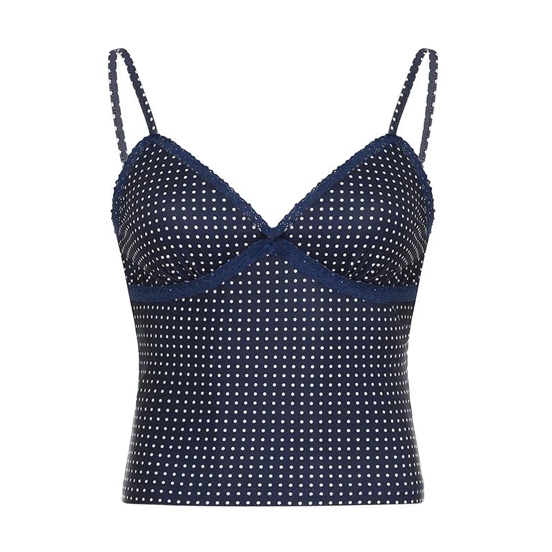 y2k Polka Dot Crop Top Casual Lace Stitching Sleeveless Skinny Strap Tops Basic Camisole Streetwear Tees Aesthetic