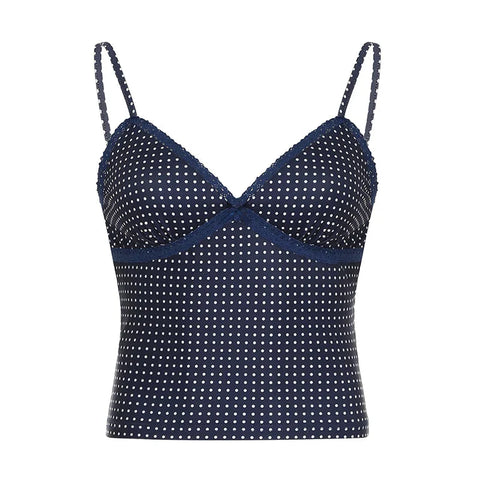 y2k Polka Dot Crop Top Casual Lace Stitching Sleeveless Skinny Strap Tops Basic Camisole Streetwear Tees Aesthetic