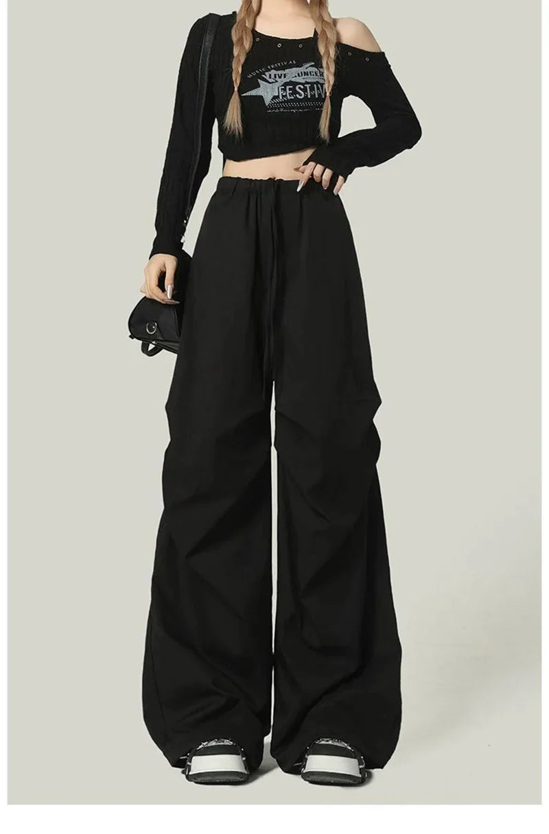 Black Y2K Streetwear Cargo Pant Vintage High Waist American Loose Trousers Hip Hop Retro Bf Wrinkles Paratrooper Pants New