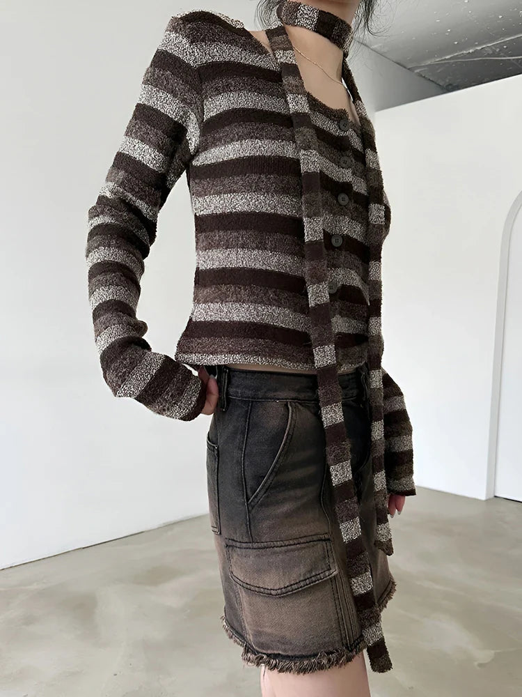Casual Furry Striped T Shirt With Scarf Winter Y2K Slim O-Neck Long Sleeve Tees Cardigans Streetwear