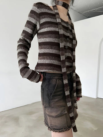 Casual Furry Striped T Shirt With Scarf Winter Y2K Slim O-Neck Long Sleeve Tees Cardigans Streetwear
