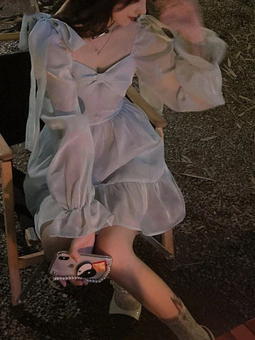 Voguable Winter Korean Long Sleeve Casual Lolita Dresses FeVintage Y2K Beige Mini Dress Kawaii Blue One Piece Dress