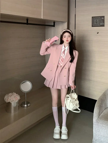 Voguable  Japanese Student JK School Uniform Korean Sweet Blazers School Girls Uniform Kawaii Mini Pleated Skirt Uniform Y2k
