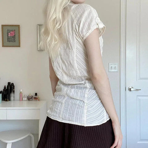 y2k Shirts Coquette Clothes Striped Lapel Collar Single Breasted Short Sleeve Blouse 2000s Clothing Streetwear