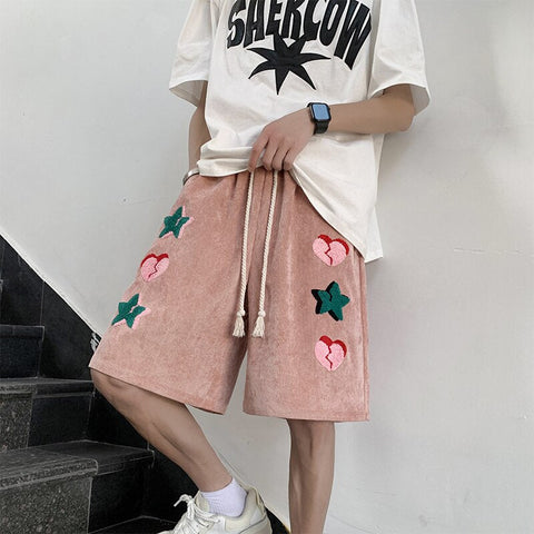 American High Street Y2k Versatile Shorts Ins Red Heart Print Loose Straight Joggers Short Pants Streetwear