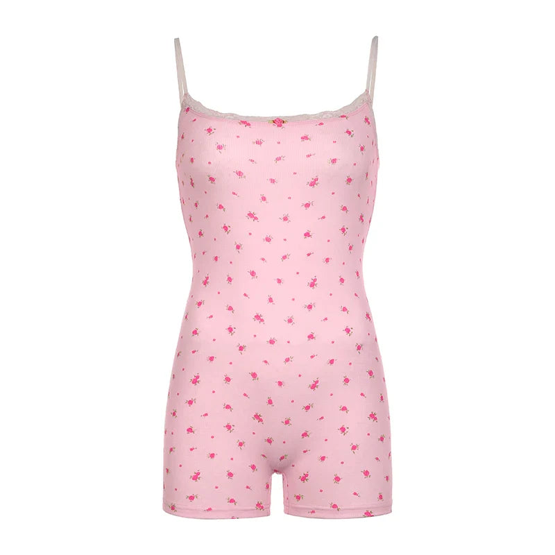 Voguable  Coquette Floral Print Sleeveless Rompers Lace Stitching Slim-fitting Playsuits Y2K Aesthetic Jumpsuits Shorts