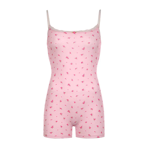 Voguable  Coquette Floral Print Sleeveless Rompers Lace Stitching Slim-fitting Playsuits Y2K Aesthetic Jumpsuits Shorts