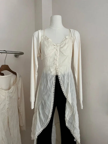 Voguable 2000s Vintage Y2k Clothing Korean 2 Piece Skirts Sets Casual Y2k Crop Top Blouse + Strap Mini Dress Japanese Beach Party