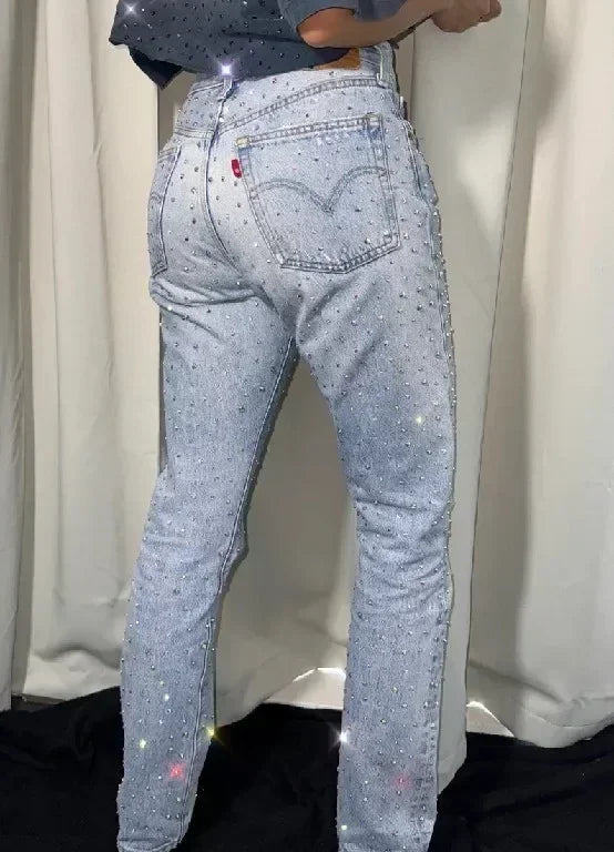 American Jeans Y2K Pants WoGothic Hip Hop Pocket Sequins Rhinestone Retro Blue Jeans Slim High Waist Trousers