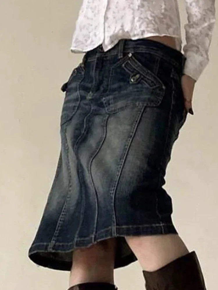 Voguable Vintage Blue Straight Denim Skirt American Retro Aesthetic Chic Stitch Cargo Mid Skirts Y2K Streetwear Grunge New